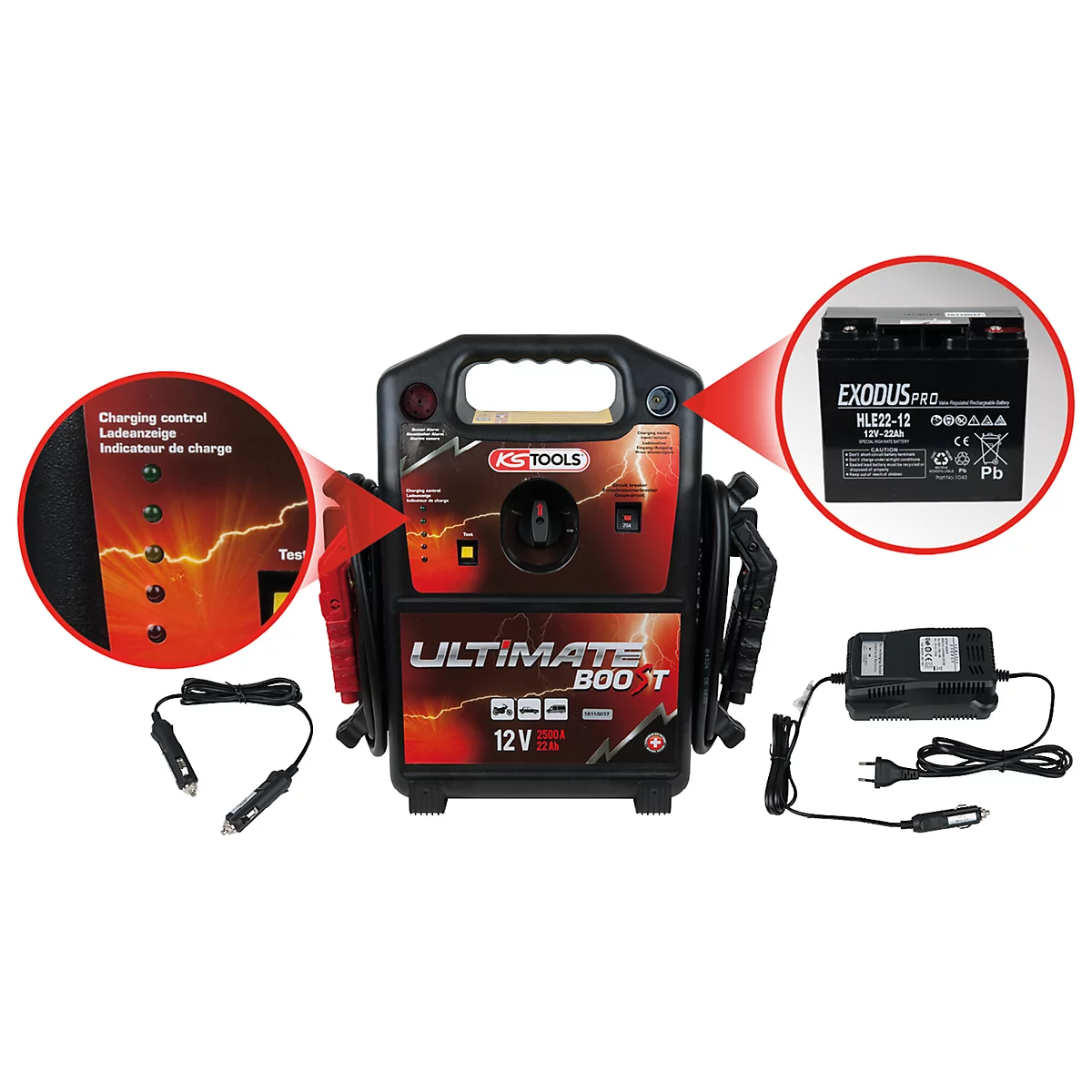 Schwarzes Starthilfegerät mit roter Akzentuierung und Details. Das Gerät hat eine eingebaute Ladekontrolle. Dazu gibt es eine Batterie und ein Ladegerät.